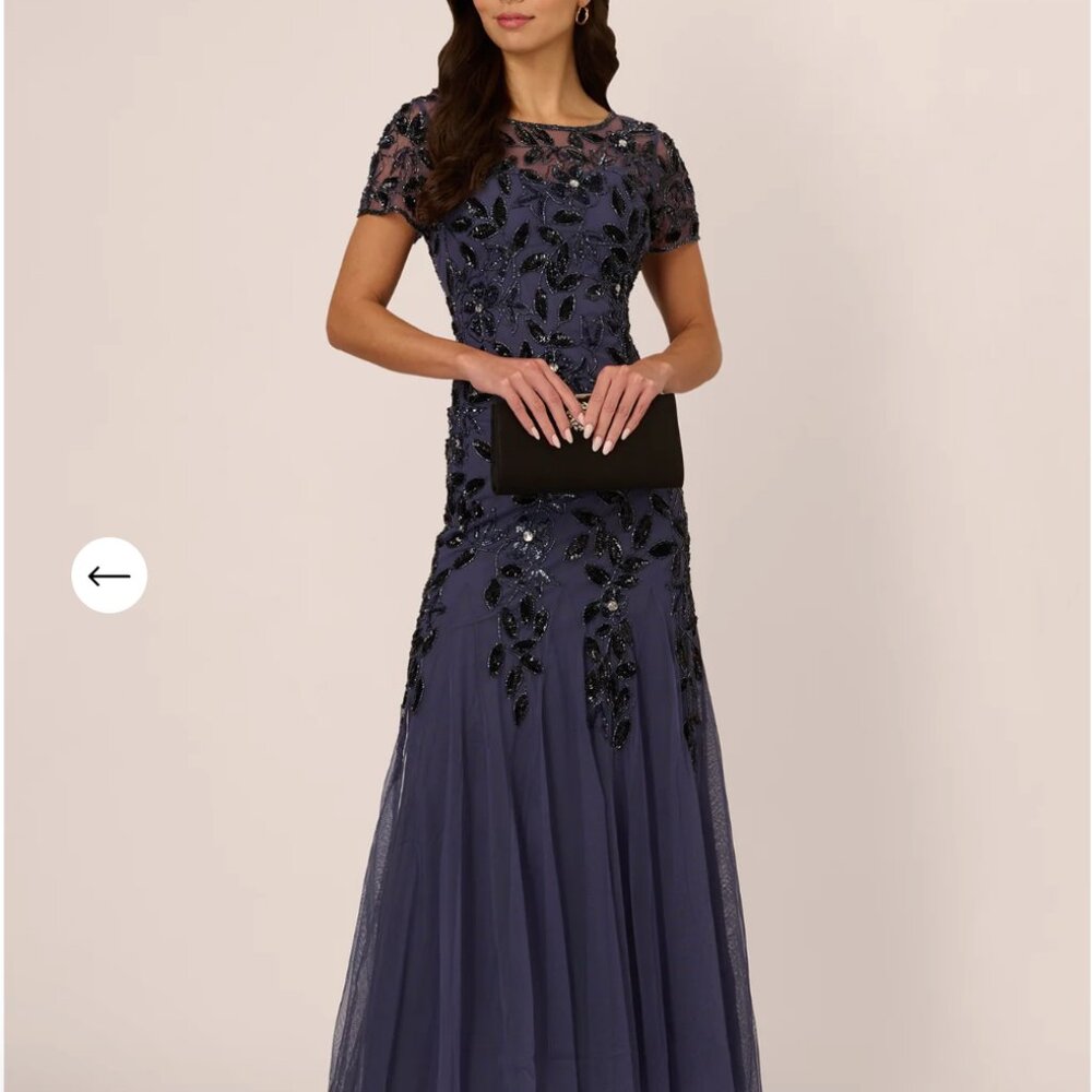 Adriana Papell Hand Beaded Short Sleeve Floral Godet Gown In Smoky Peri Size 12